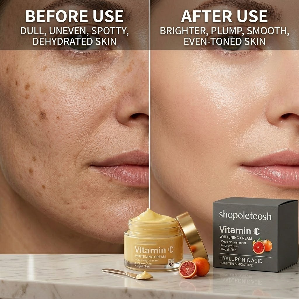 Shopoletcosh Vitamin C Glass Skin Cream: Intense Brightening Complex with Vitamin E - For a Clear, Dewy & Healthy Complexion